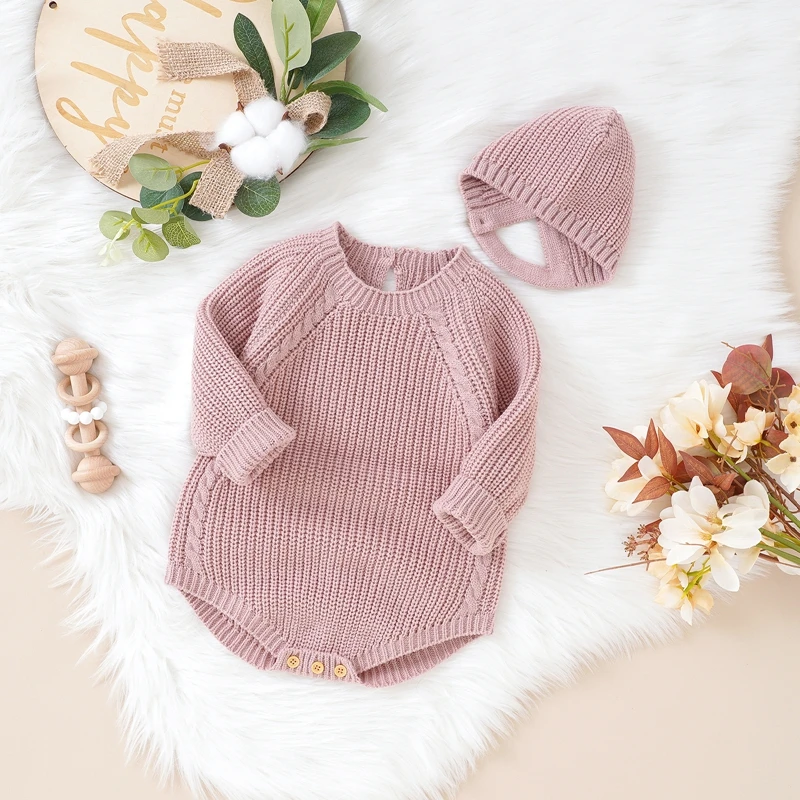 

Newborn Baby Girl Boy Knit Sweater Romper Crewneck Sweatshirt Long Sleeve Warm Bodysuits Tops With Hats Fall Winter Clothes