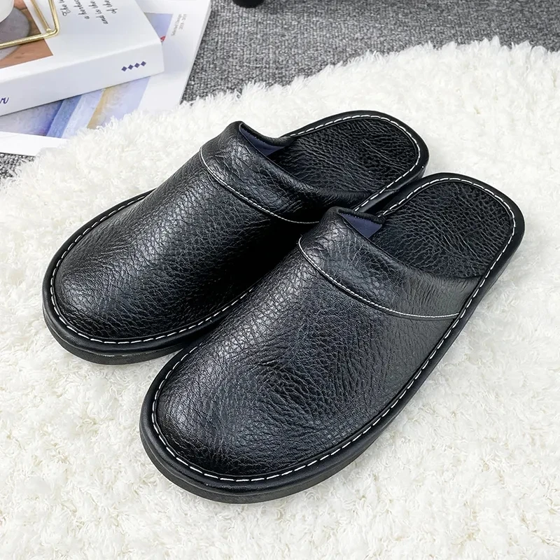 

Black Home Leather Slippers Men's Indoor Flats Waterproof Autumn Lovers Shoes Classic House Couples Soft Leather Slippers