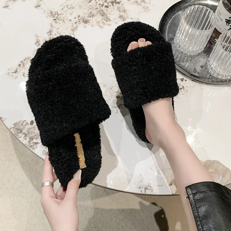 Purple Lambswool Slide Mules Woman Thick Sole Curly Teddy Fur Slippers Ladies Fashion Fluffy Plush Sandals Warm Home Shoe