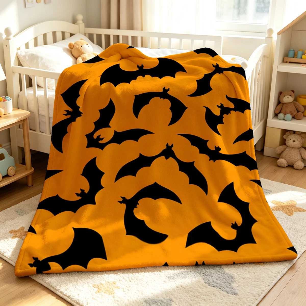 Orange Bat Cluster Flannel Blanket Warm Soft Halloween Christmas Decorative Couch Warm Cozy All-Season Gift