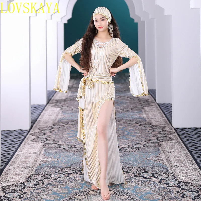 3-teiliges orientalisches Tanz kleid neues Bauchtanz heißes Gold glänzendes Robe High-End-Performance-Kleid