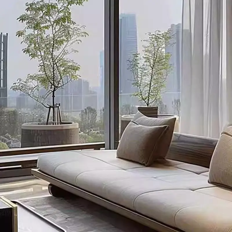 Modern simple black walnut sofa, new Chinese Zen solid wood villa high-end leather hotel bed and breakfast furniture