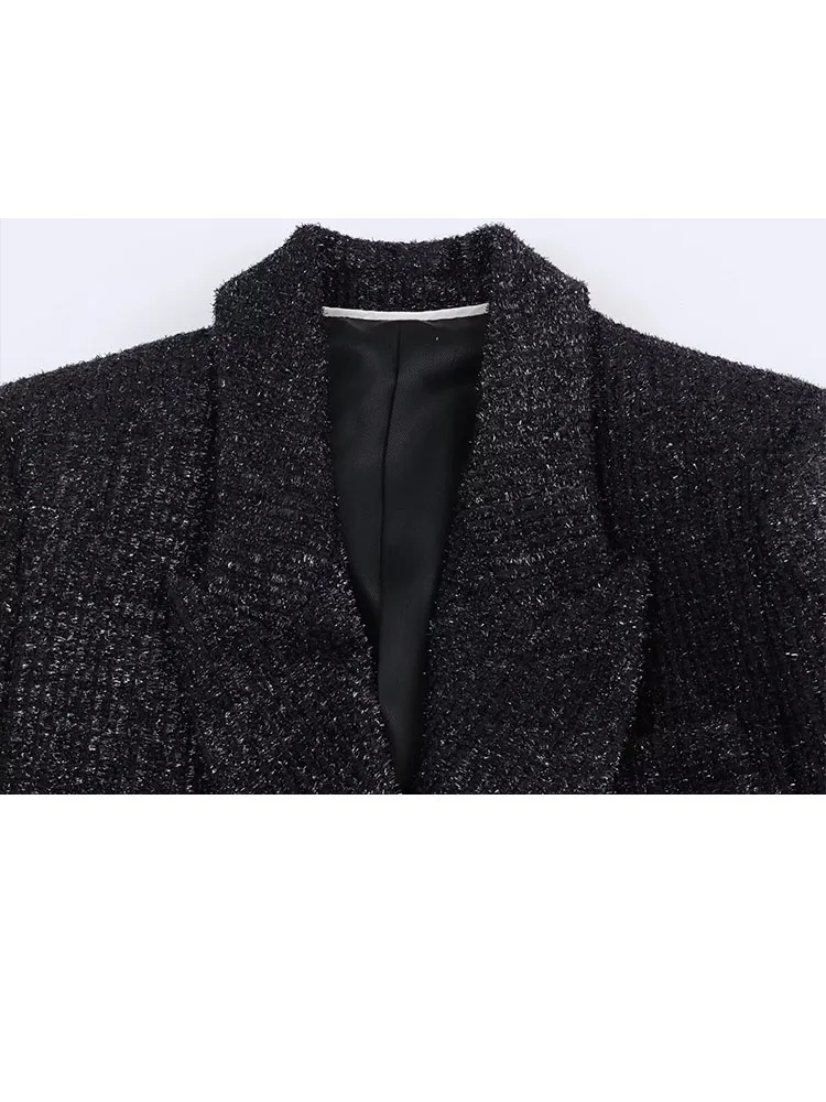 

HH New Women Winter Fashion Versatile Lapel Metallic Thread Shoulder Pad Blazer Female Temperament Double-Breasted Jacket Mujer