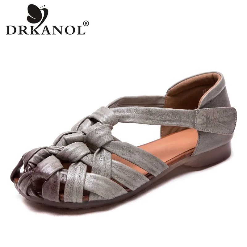 

DRKANOL/женские сандалии, 2026, летние туфли на плоской подошве, повседневные римские сандалии ручной работы из натуральной коровьей кожи с крючками и петлями