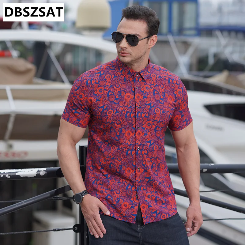 

Summer High Quality Mens Hawaiian Shirt Striped Flower Printed Lapel Short Sleeve Tops Big Size Hawaii Men Beach Floral Shirts