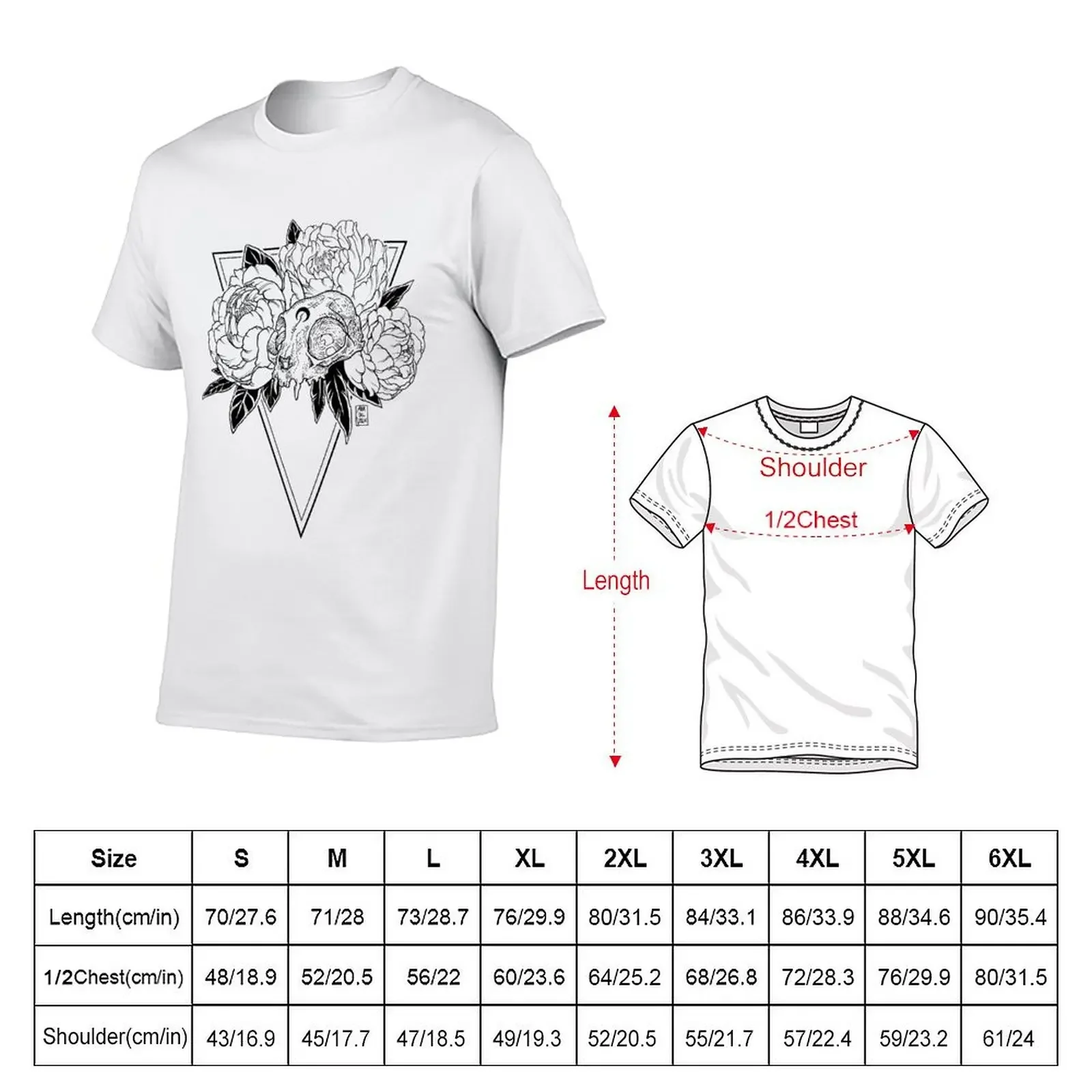 Cat Skull with Peonies - Black Line T-Shirt anime stuff Blouse Men's t shirts