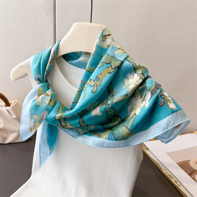 Elegant 70Cm Square Tree Printed Women Scarf Silk Satin Scarves Shawl Designer Headband Hijab Bandana Wrap Bufanda Lady