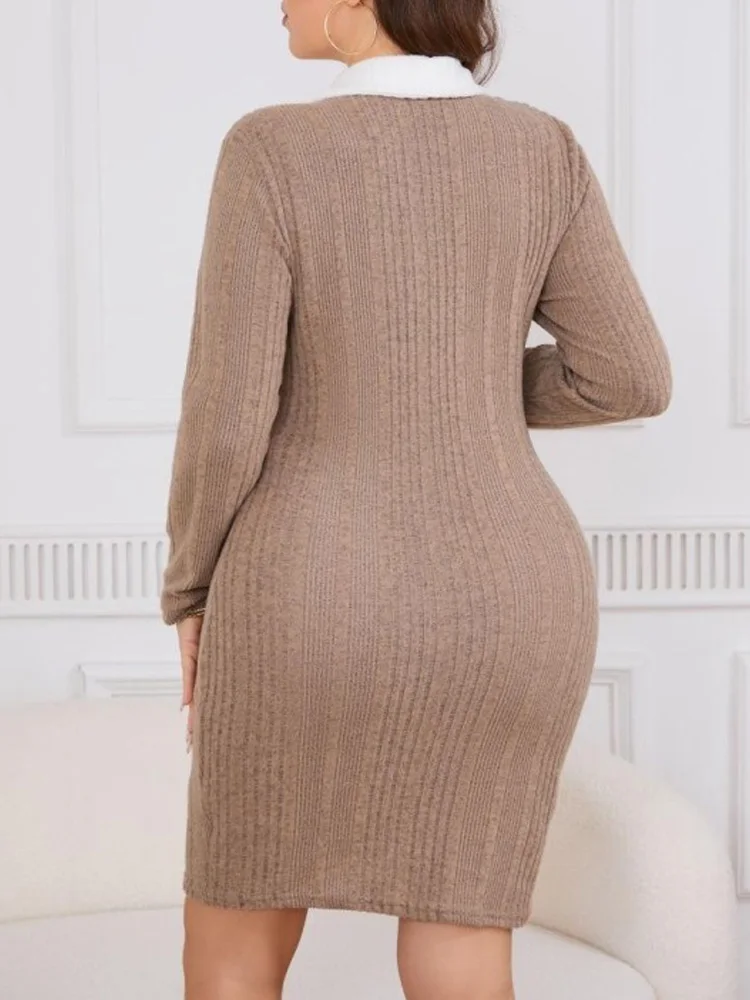 GIBSIE Plus Size damskie eleganckie Mini sukienki z dzianiny z białym kołnierzykiem na wiosnę z długim rękawem biurowe Casual Bodycon sukienka