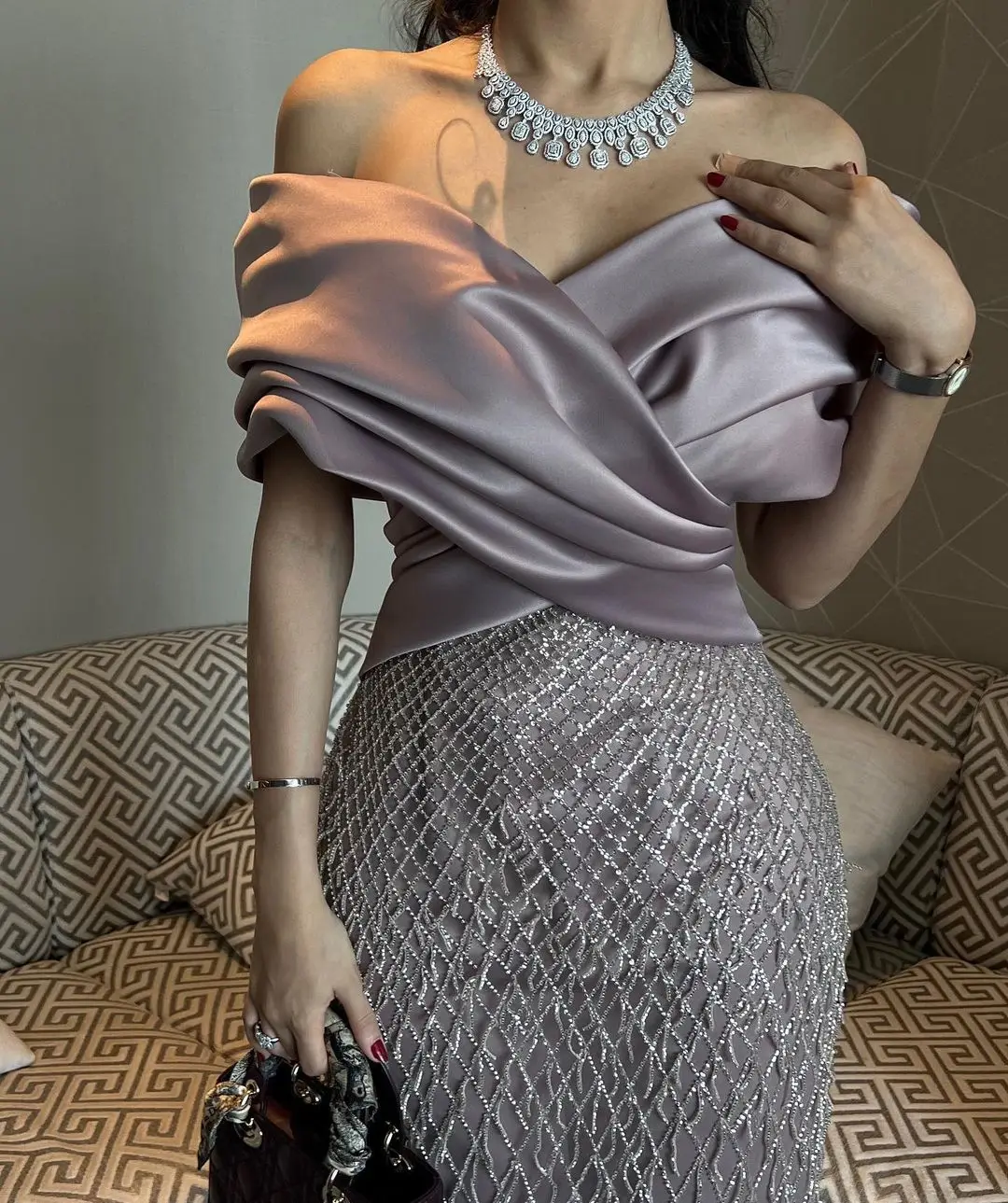 

Satin Tassel Cocktail Party Sheath Off-the-shoulder Bespoke Occasion Gown Midi Dresses