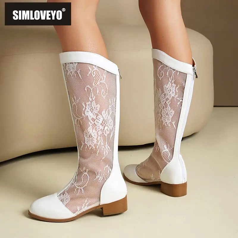 ASILETO Brand Female Knee High Boots Round Toe 3.5cm Block Heels Zipper Breathable Mesh Oversize 46 47 48 Booties Autumn
