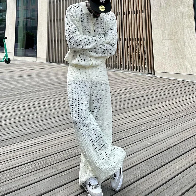 Openwork lace costume for men, long sleeve shirt, casual full pants, plain color, matching summer costume for men