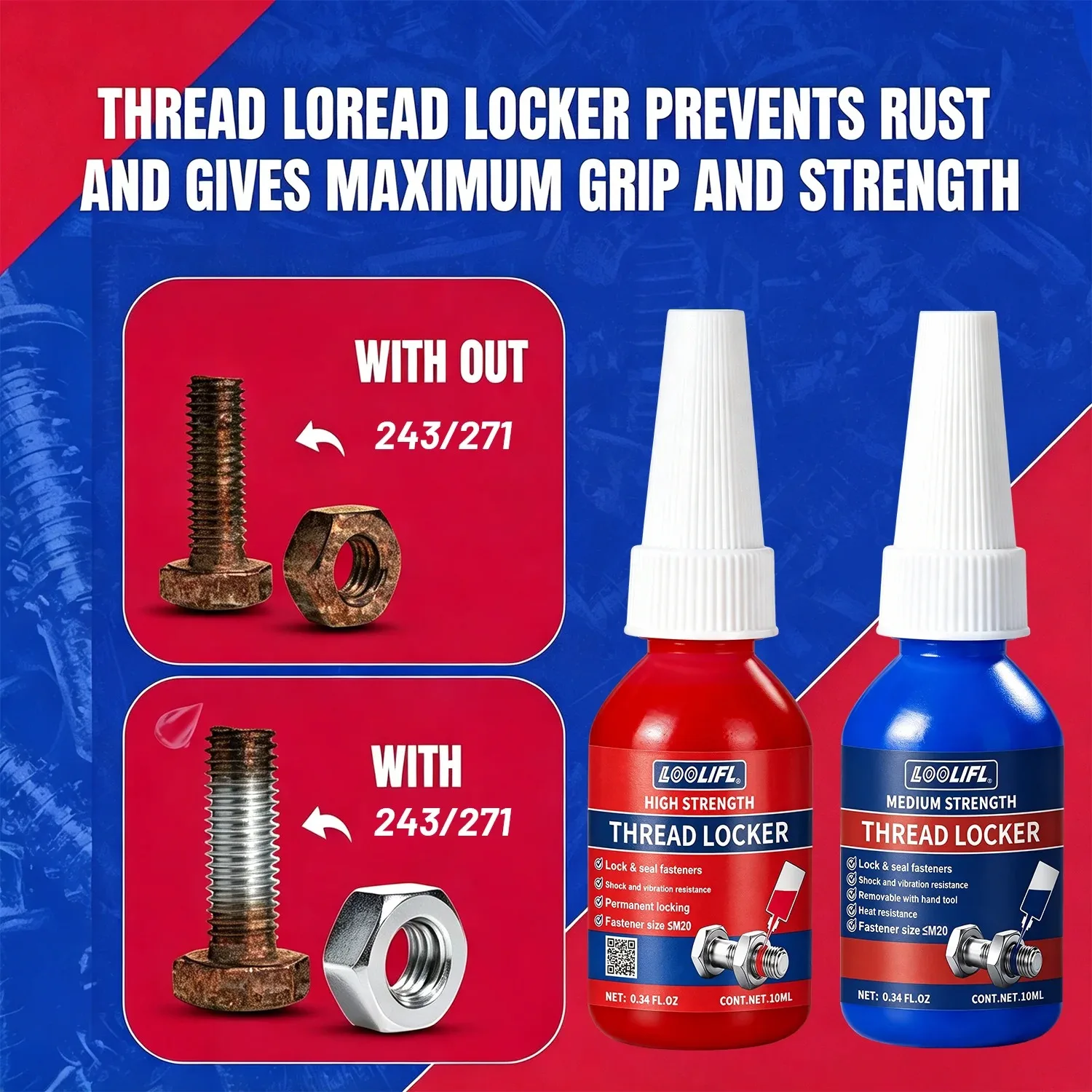 Loolifl-243 Medium-Strength Thread Locker, Anaerobic Sealant Suitable for All Metal Nut Fastening, Pipe Joint Sealing, and Heavy Machinery Screw Fixation, Disassembly, and Sealing