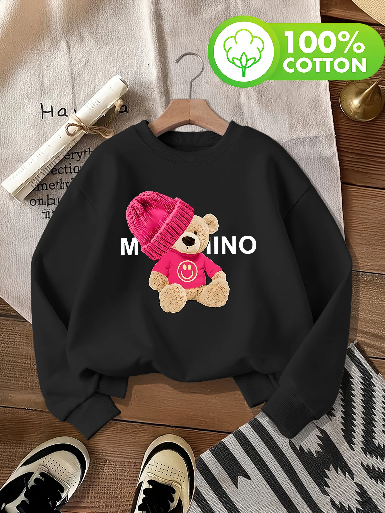 Chapeau rose en peluche mignon et pull sans chapeau en coton Happy Vibe, Style Vintage à la mode pour femmes, automne/hiver 769