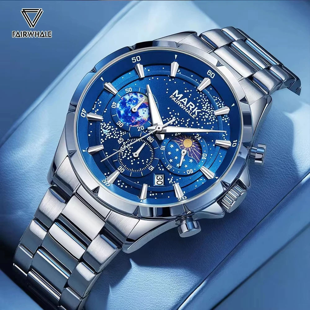 Mark Fairwhale Luxury Phase Moon Quartz Watch For Men  Date Stainless Steel Clock Fashion Waterproof Chronograph Wristwatches