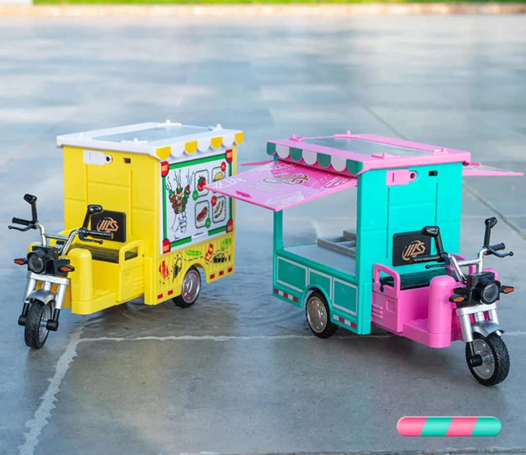 

B462 1:12 Barbecue/ice Cream Toy Car Mobile Tricycles For Sale Sound And Light Rebound Force Simulation Model Car Box