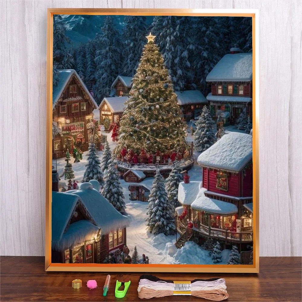 

Embroidery Kit For Beginners And Embroidery Enthusiasts Christmas Landscape With Thread Needles Snow Town Craft DIY Cross-Stitch