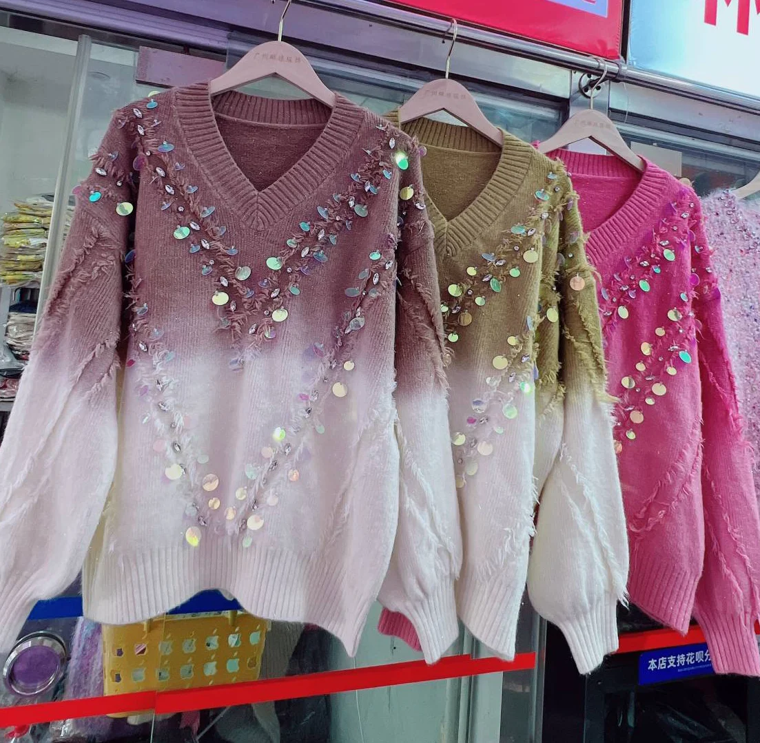 2024 New European Heavy Industry Diamond-encrusted Sequin Tie-dye Gradient High-end Sweater Loose Casual Knitted Top for Women