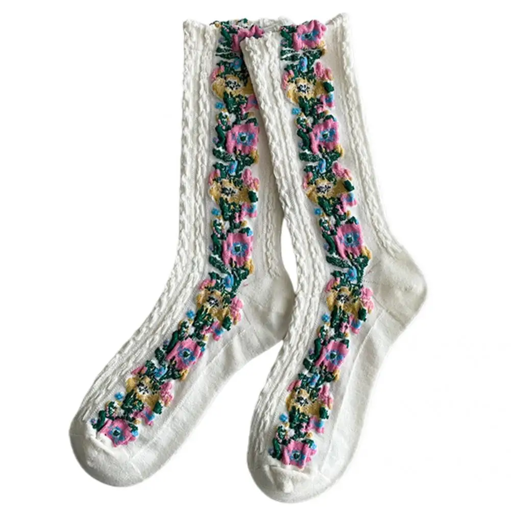 1 Pair Classical Retro Socks  Washable Breathable Women Socks  Flower Pattern Thick Warm Socks