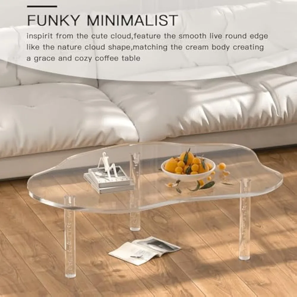 Acrylic Cloud Shaped Coffee Table, Modern Irregular Waterfall Transparent Coffee Table Furniture, with 3 Solid Bubble Legs