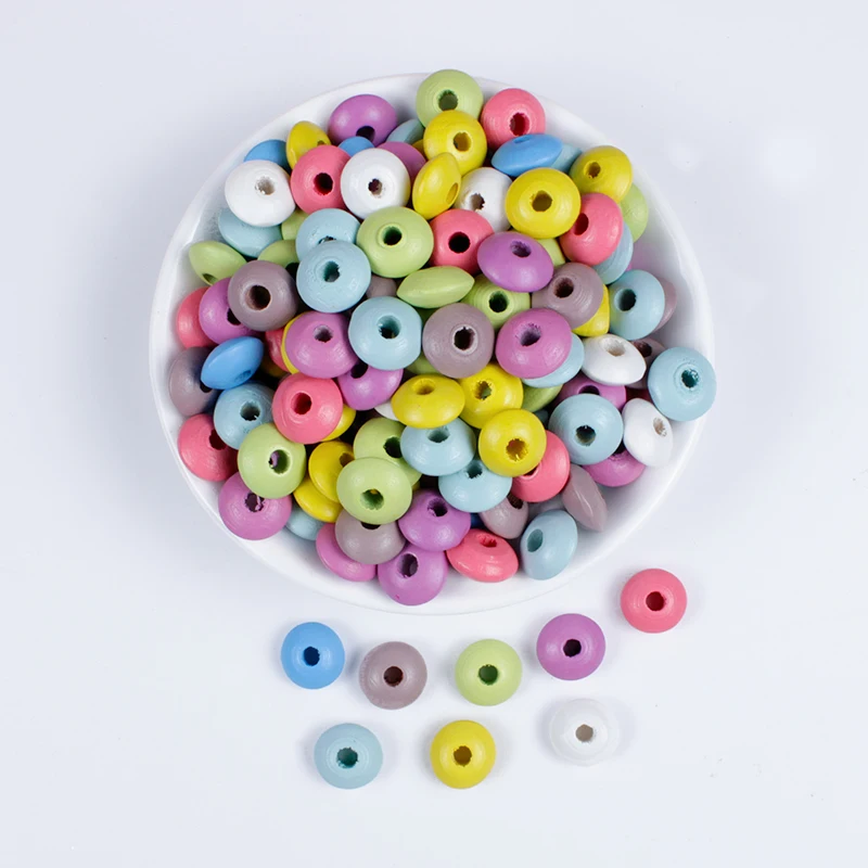 100Pcs 12Mm Cartoon Solid Candy Color Flat Round Ufo Shaped Natural Wooden Spacer Loose Beads for Jewelry Making Findings