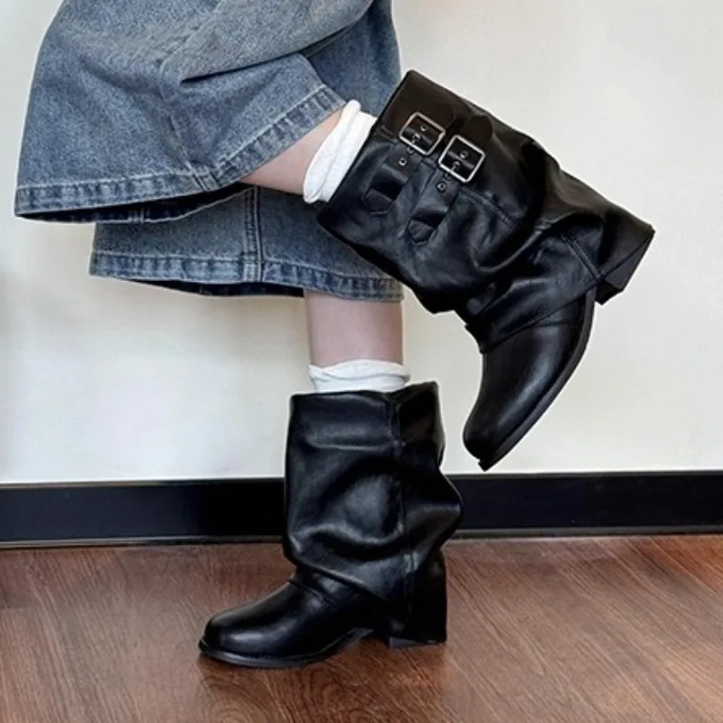 2025 Genuine Leather Women Boots Black Mid Calf Boot Cozy Soft Double Buckles Trendy Design Retro Western Cowboy Shoes Lady