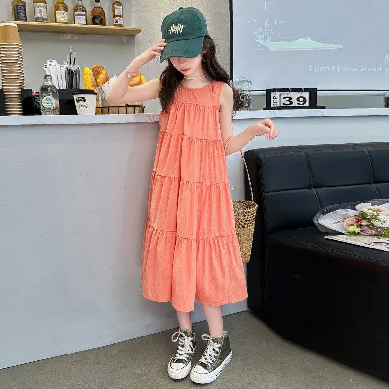 

Girls Dress Summer 2024 New Big Kids Sleeveless Summer Dress Children Princess Skirt Korean Simple Style Clothes Simple Casual