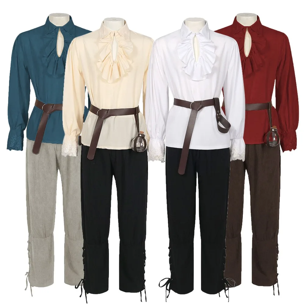 زي القراصنة الأوروبي العتيق - مجموعة قميص ومؤخرات من الكتان المتعثر لعروض المسرح