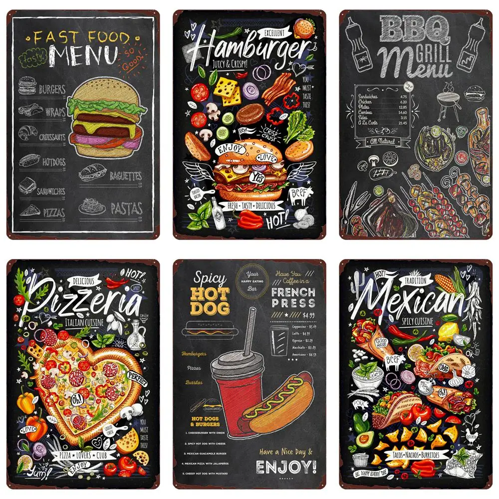 Fast Food Menü Vintage Blechschild, BBQ Menü, Metallposter, Burger, Pizza, Wanddekoration für Party, Küche, Heimdekoration, N460 – Detail 1
