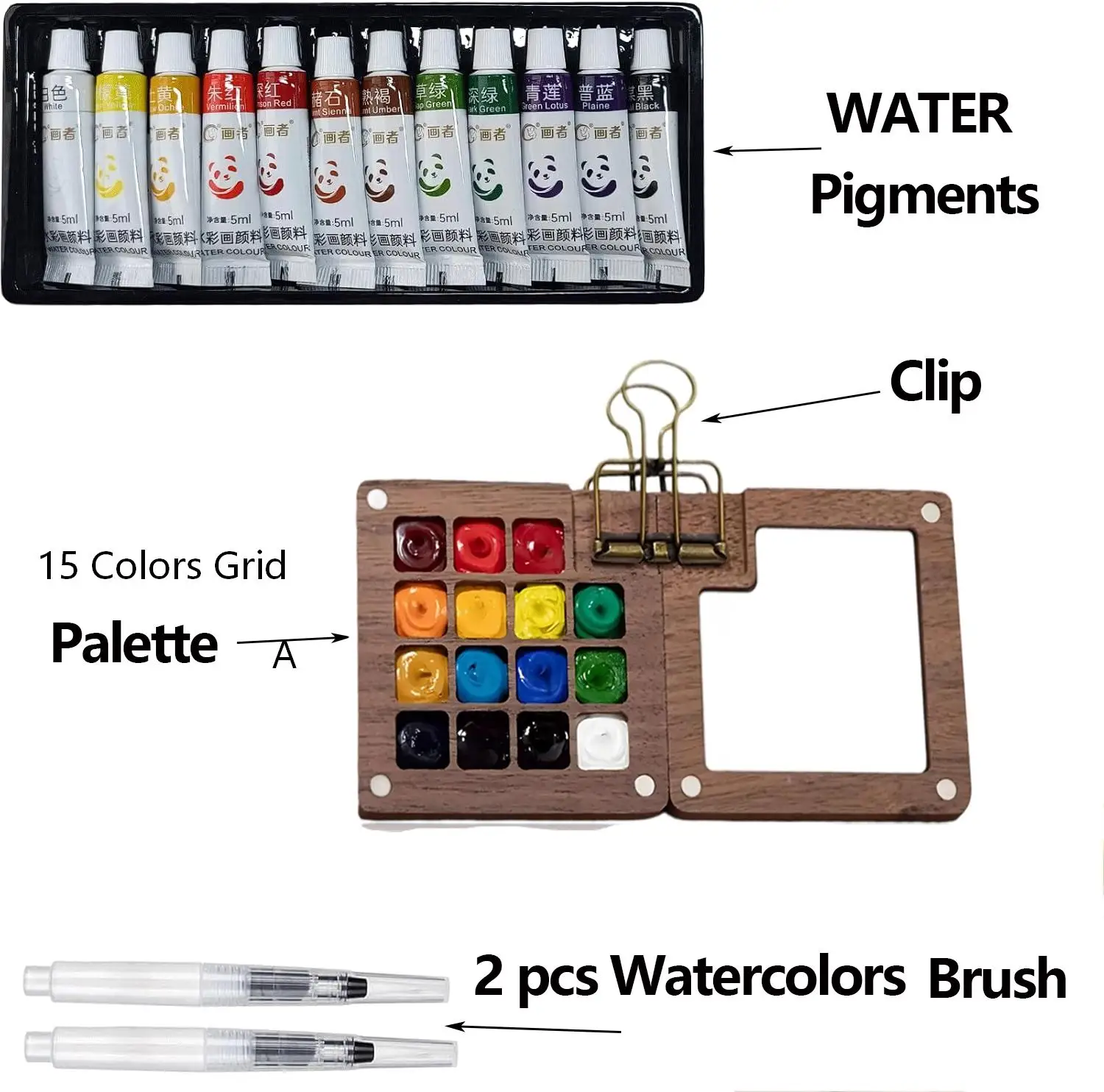 12 Farben Aquarell-Pigmente Malset mit 15-Fächer/8-Fächer tragbarer Aquarellpalette, Mischpalette mit Clip und Pinseln – Detail 6