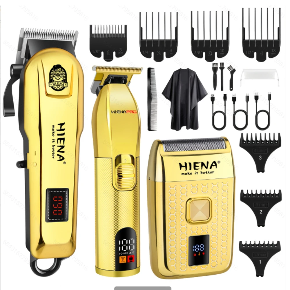 ماكينة قص الشعر الاحترافية لقص الشعر للرجال ماكينة حلاقة ذهبية ثلاث قطع قابلة لإعادة الشحن مجموعة أدوات تشذيب الشعر اللاسلكية