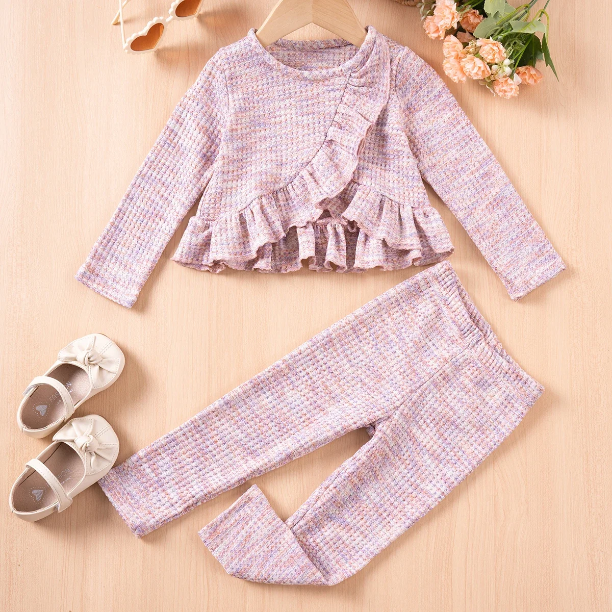 Cute Baby Girl Set Double Ruffle Edge Decorative Top Solid Color Long sleeved Pants 2-piece Set for Daily or Party Wear