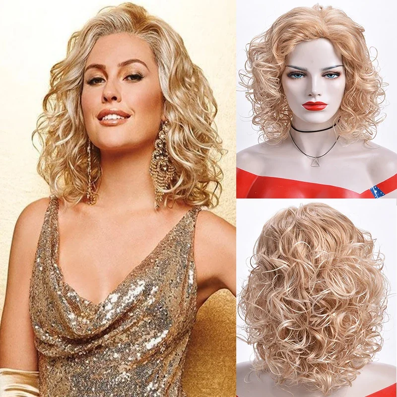 Medium Length Blonde Synthetic Curly Wig for Women Ombre Hairstyle Fluffy Deep Wave Hair Female Heat Resistant Party Wig