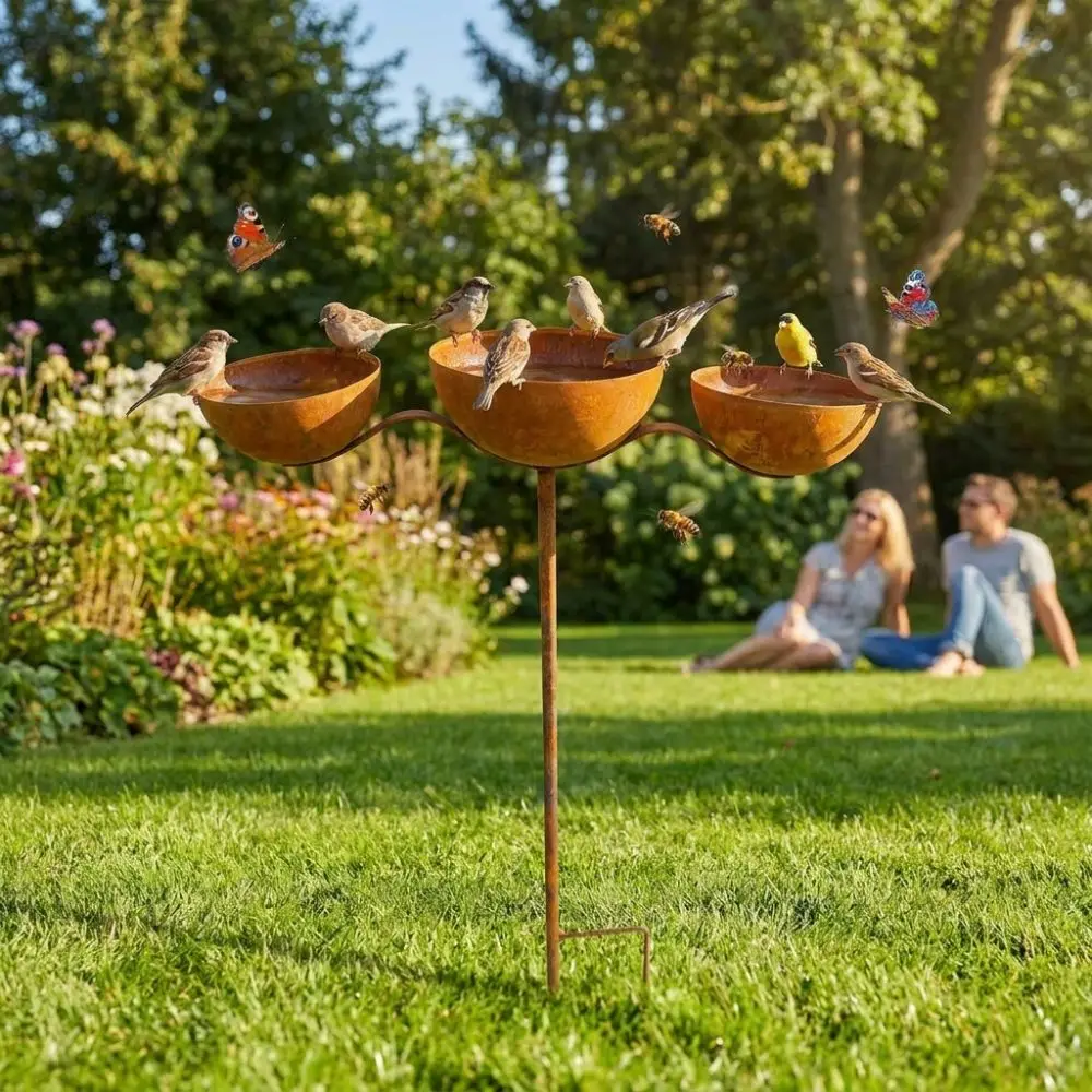 Bird Water Dispenser Rotatable 3-Tiered Bird Bath Metal Rusted Bird Water Bowls Decorative Handmade Birdbath Stand Outdoor