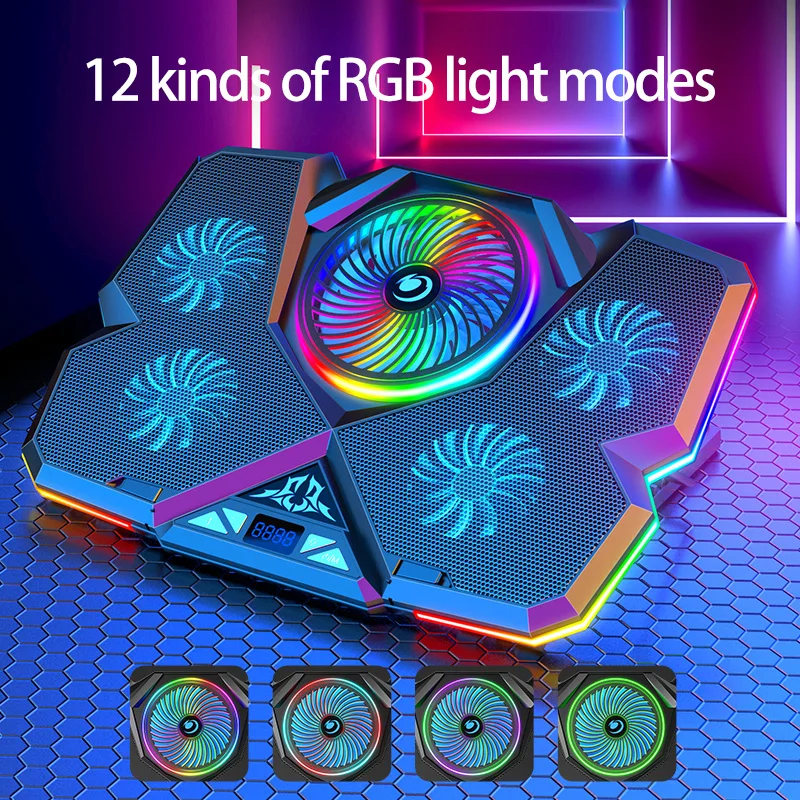 5 Fans Gaming Laptop Cooling Pad Dual USB Powered RGB Notebook PC Heatsink Cooler Stand Riser For 17 Inch Laptop Cooling Fan