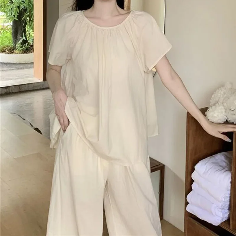 

Пижама женская с оборками и штаны, комплект в Корейском стиле, комплект из 2 предметов, одежда для сна с коротким рукавом, однотонный домашний костюм, лето
