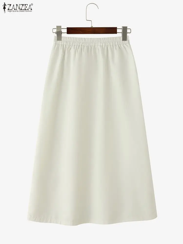 ZANZEA Vintage Floral Printing Midi Skirts WomenCasual Elastic Waist Patch Pockets A-Line Mid-Length Skirt Autumn Woman Skirt