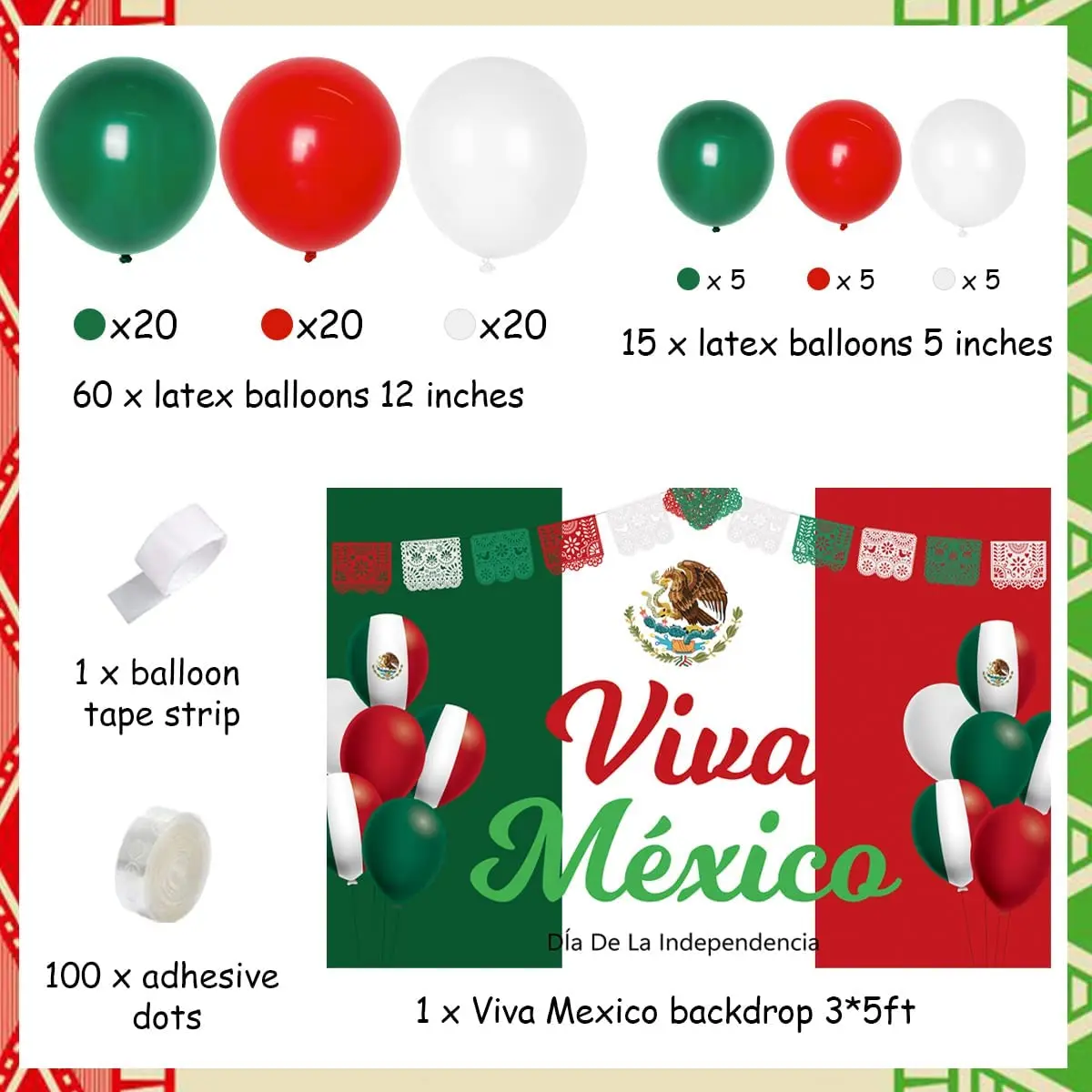 JOYMEMO Viva Mexico Decorations Mexico Independence Day Decorations Green Red Balloon Garland Arch Kit with Viva Mexico Backdrop