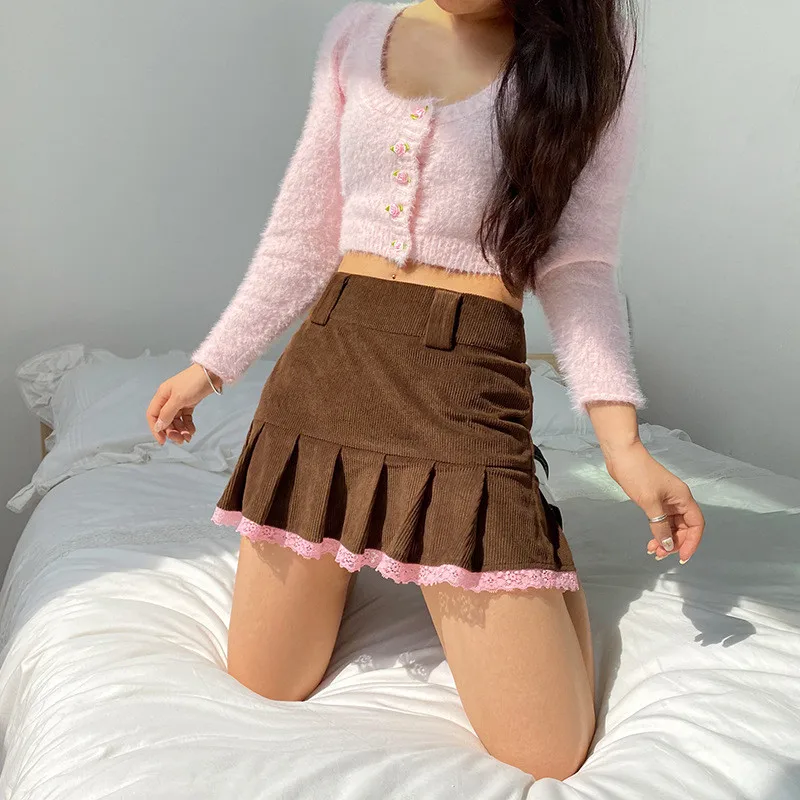 

Y2K Lace Pleated Skirt Women Sexy Brown Corduroy High Waist Cute Mini Skirt Indie Street New Fashion Spring Summer Vintage