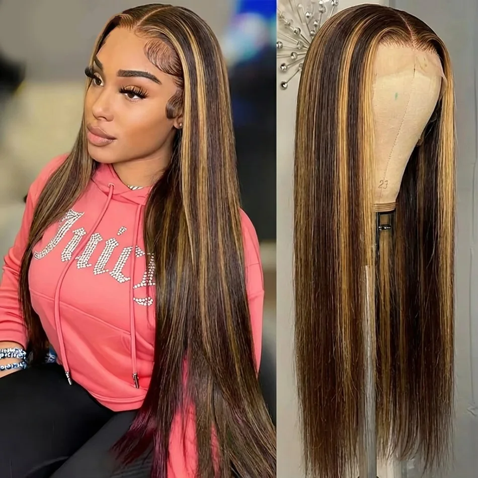 

Парик из натуральных бразильских волос с прямой текстурой, 13x6 HD P4/27, с эффектом омбре, цвет медово-русый, для женщин.