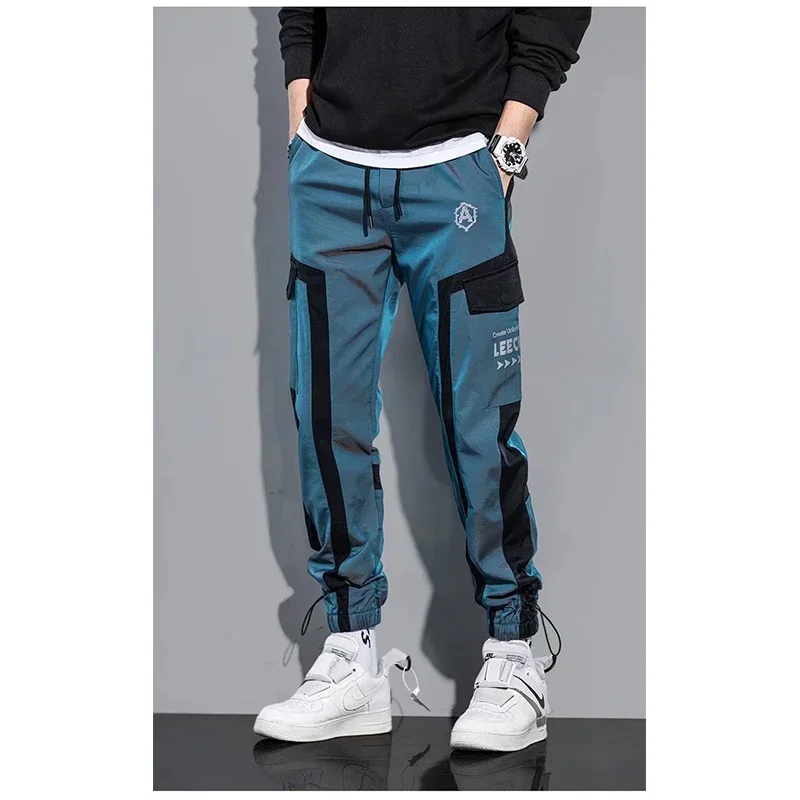 Thin Casual Pants Men Ribbons Harem Jogging Pants Male Slim Fit Spring Cargo Pants Multi-Pockets Trouser