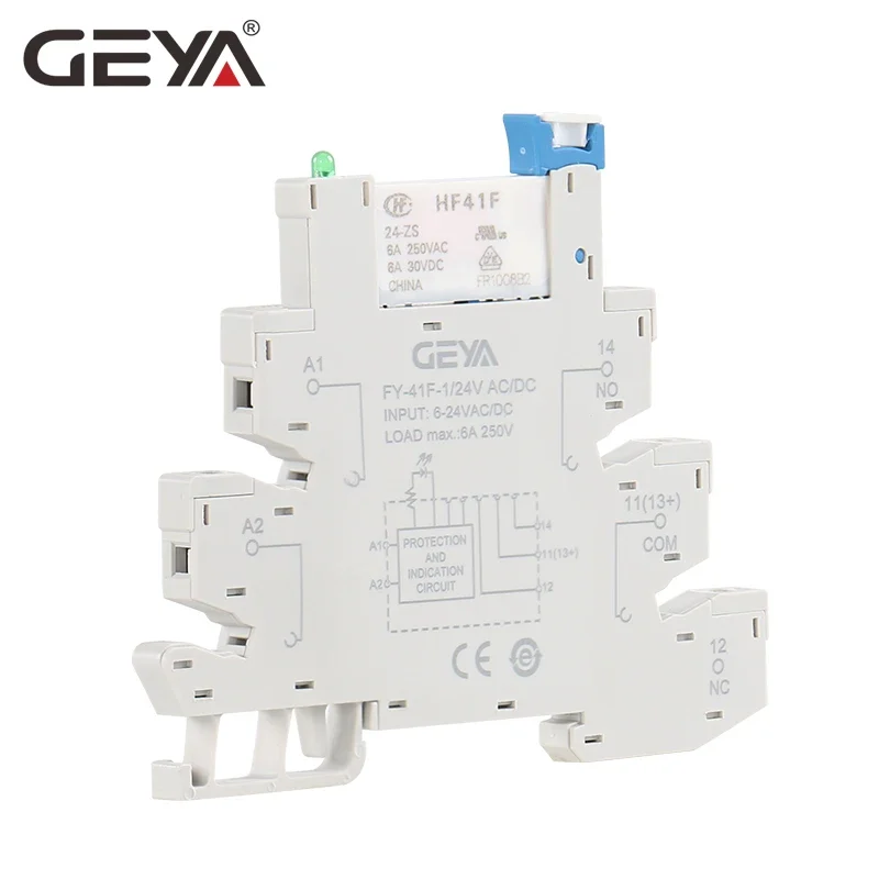 Módulo de relé delgado de Riel Din, HF-41F de potencia de montaje PCB integrado con soporte de relé de 12V, 24V, 48V, 110V, 230V, toma de relé de