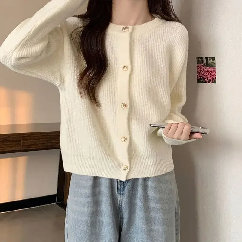 Autumn New Round Neck Cardigan Loose Soft Comfortable Knitted Jacket Women\'s Korean Fashion Casual Single Breasted Pink Cardigan