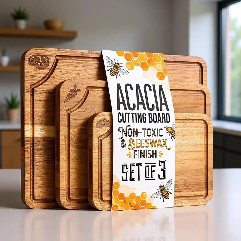 

Set of 3 Acacia Wood Cutting Boards with Mineral Oil Finish, Non-Toxic, Juice Groove, and Non-Slip Feet