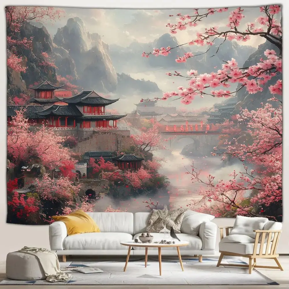 VIKAMA Oriental Scenery Tapestry Cherry Blossom Chinese Architecture Wall Hanging Home Room Decoration