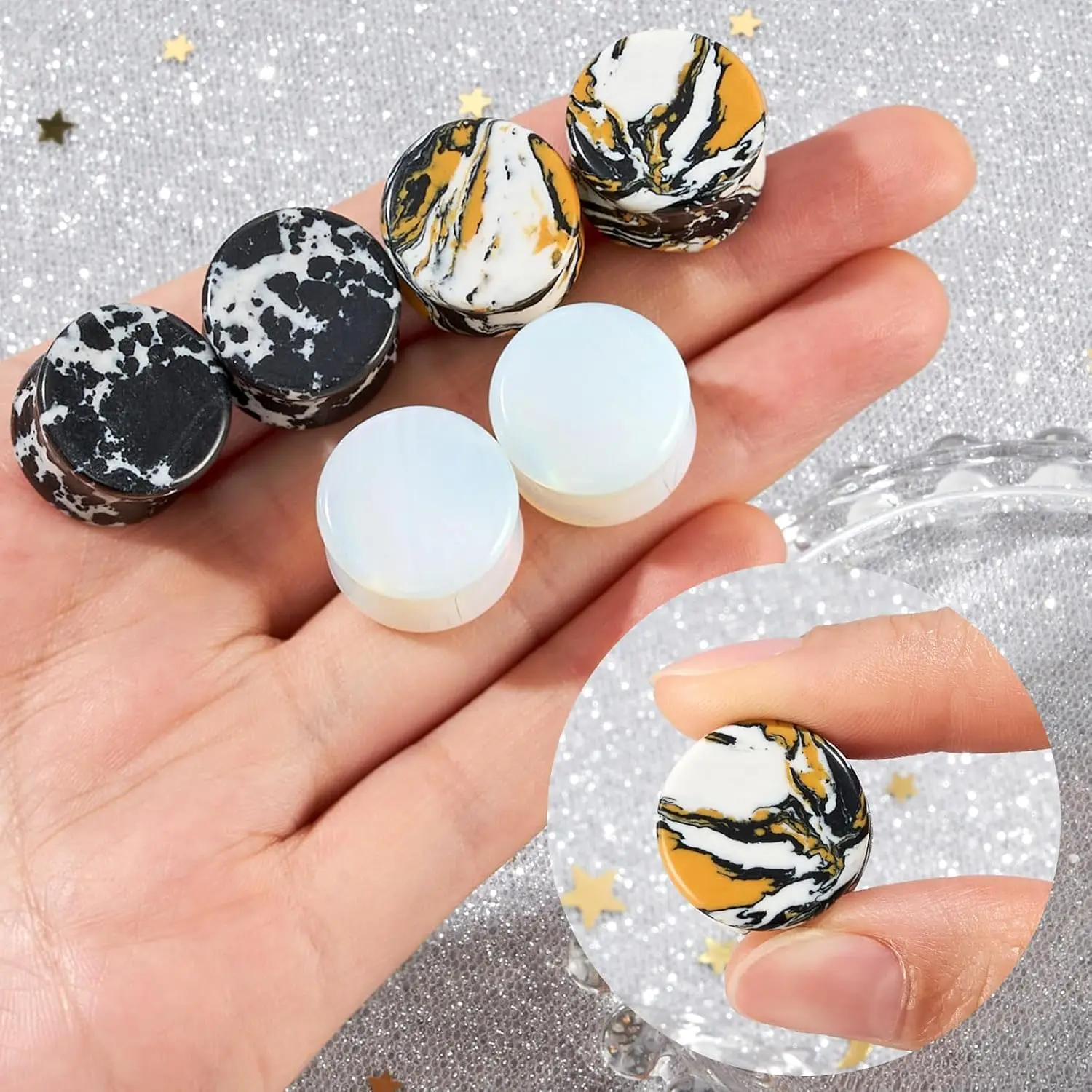 1 Pair Mixed Stone Double-Flared Saddle Ear Plugs Suitable for Ear Stretching  Opal-Style Plugs & Expanders 2g- 5/8