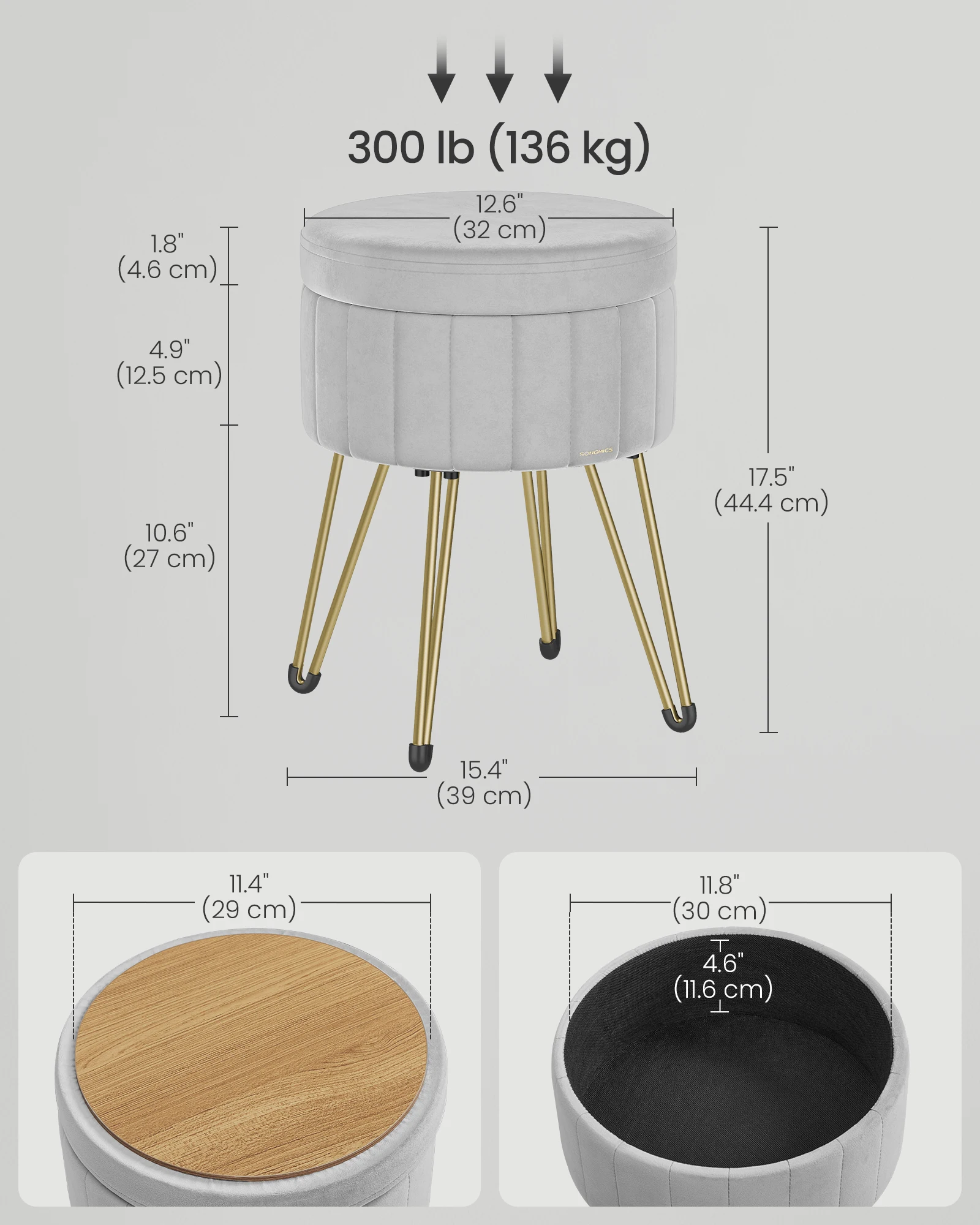 バニティスツールチェア ベルベットメイクアップスツール 4つの金属脚付き 部屋 リビングルーム 寝室用 小さなオットマンスツール 収納付き