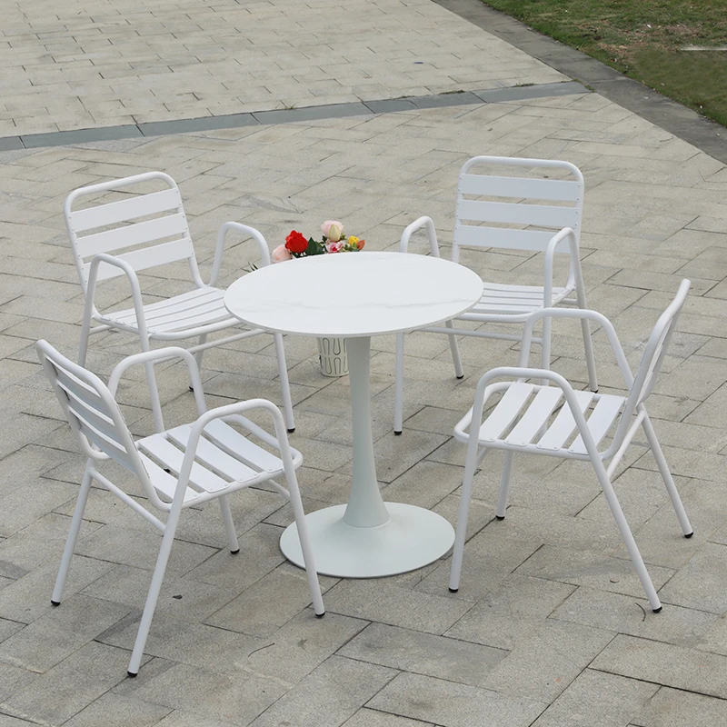 Outdoor courtyard, open-air balcony, table and chairs, outdoor white aluminum alloy table and chair with umbrella combination