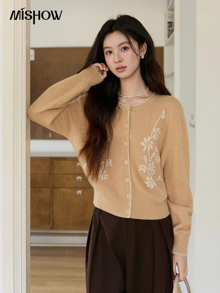 

MISHOW Women's Camel Knitted Cardigan 2026 Spring Floral Embroidery Crew Neck Tops Button Warm Loose Cropped Sweater MXF11Z2896