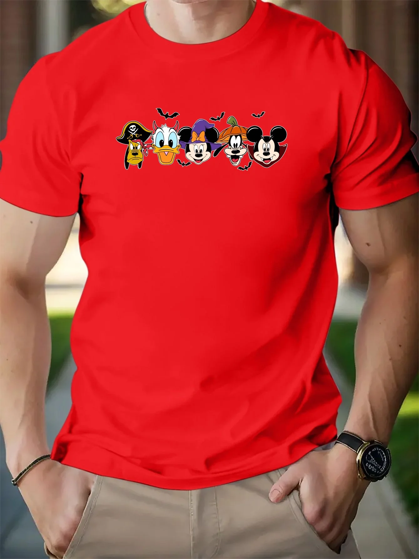 Disney T-Shirts Men\'s Casual Cartoon Halloween Mickey And His Friends Print Short Sleeve Slight Stretch Casual Comfortable