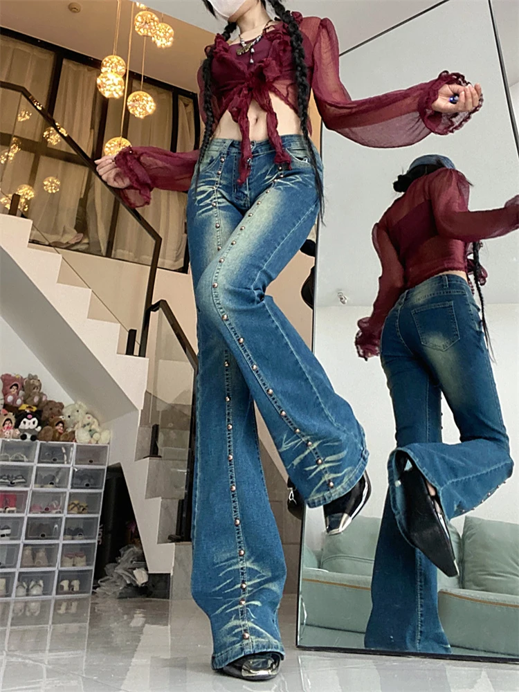 Vintage Wash Rivet Patchwork Jeans High Street Slim-Fit Flare Jeans Casual Denim Pants Streetwear Harajuku Full Length Trousers